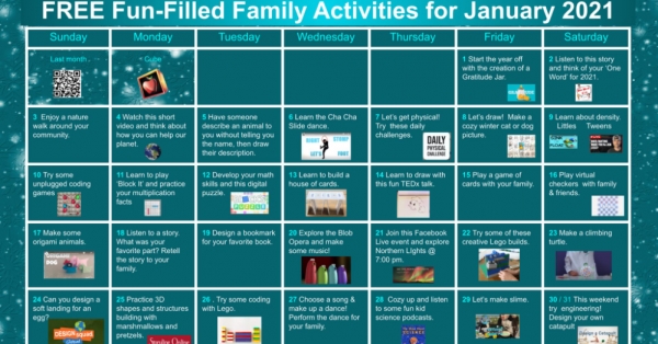 Free Family Activities January 2021 Calendar - CubeForTeachers - Cube For  Teachers